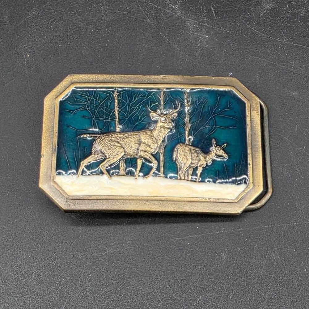 Vintage 1976 Great American Buckle Co Deer Winter Forest Scene Enamel Belt